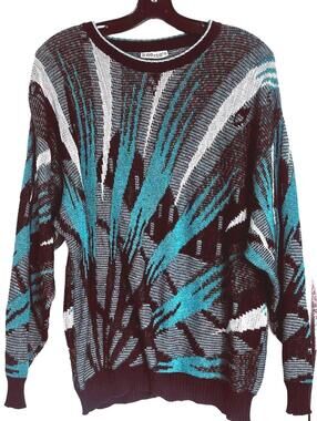 Knosso's Vintage  Made in Italy Abstract Knit Sweater Black Teal Gray - XL